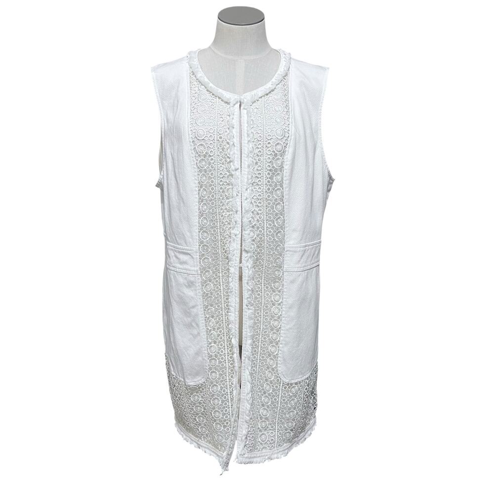 Chico's Womens Cream Boho Crochet Lace Fringe Longline Cottage Vest Sz 2/Large